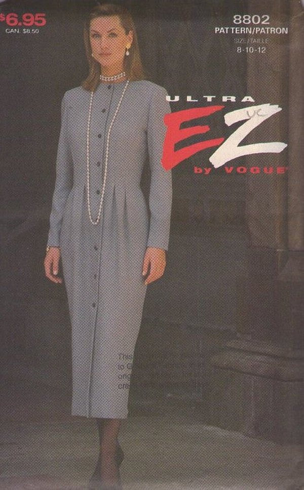Vogue 8802 Vintage 90's Sewing Pattern Ultra EZ Dress, Front Buttoned Career Secretary Dress, Pleated Flared Hips Sheath Size 8-12