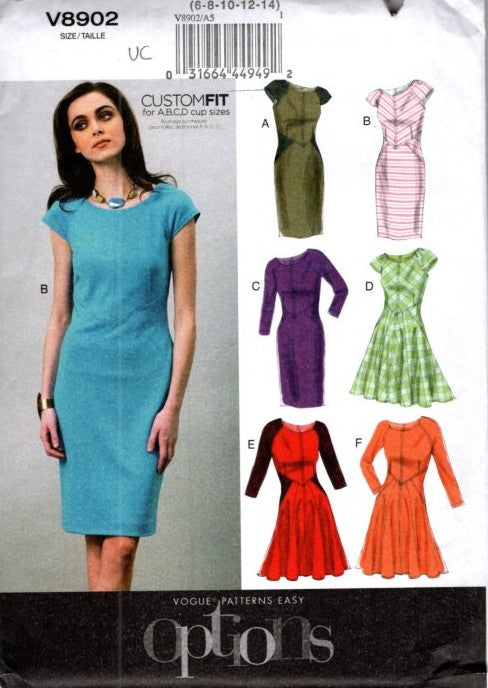 Vogue 8902 Retro 2013 Sewing Pattern Easy Options Dress, Flattering Side Insets, Career, Summer, 6 Styles Size 6-14