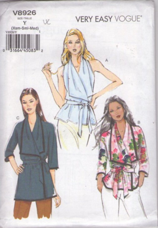 Vogue 8926 Retro 2013 Sewing Pattern Wrap Tops, Very Easy, Draped Wing, Flap Collar, Wrap Around Shirt, Tunic Set 3 Styles Size XS-M