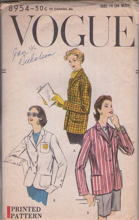 Vogue 8954 Vintage 50's Sewing Pattern Button Jacket, Rockabilly Yacht Club, Secretary Blazer Suit Jacket, 2 Styles Size 14