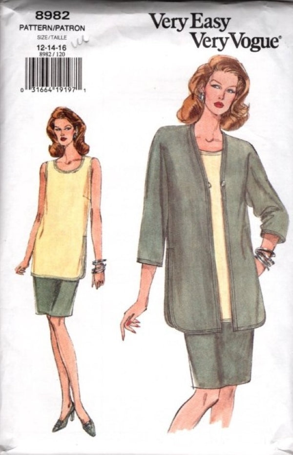 Vogue 8982 Vintage 90's Sewing Pattern Very Easy Suit Separates, Tank Top, Sheath Skirt, Oversized Jacket with Slits Size 12-16