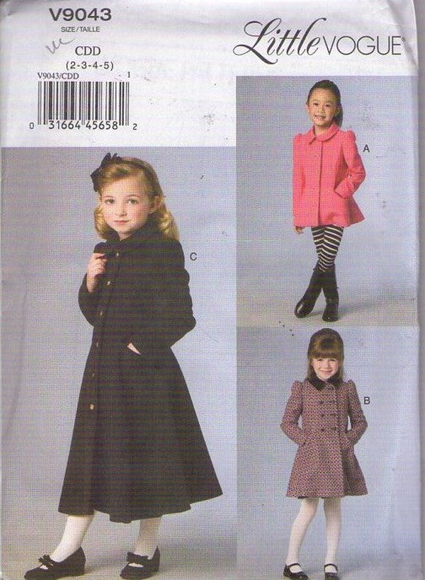 Vogue 9043 Retro 2014 Sewing Pattern Girl's Coat Set, Winter Jacket, 3 Styles, Short & Flared or Princess Tea Length Size 2-5