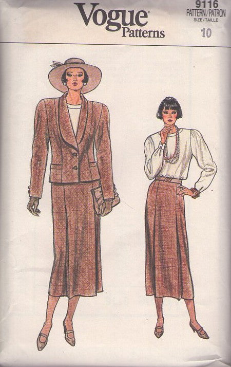 Vogue 9116 Vintage 80's Sewing Pattern Suit Dress, Shawl Collar Jacket, Midi Below Knee Pleat Interest Slim Skirt Size 10