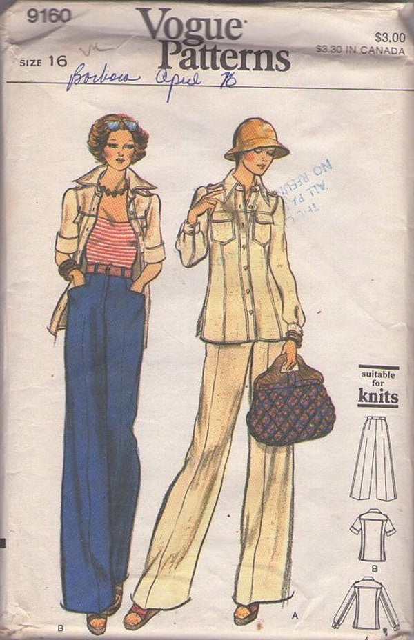 Vogue 9160 Vintage 70's Sewing Pattern Hippie Jacket, Pants, Separates, Collared Shirt Jacket Blouse, High Waist Flared Pants with Pockets Size 16