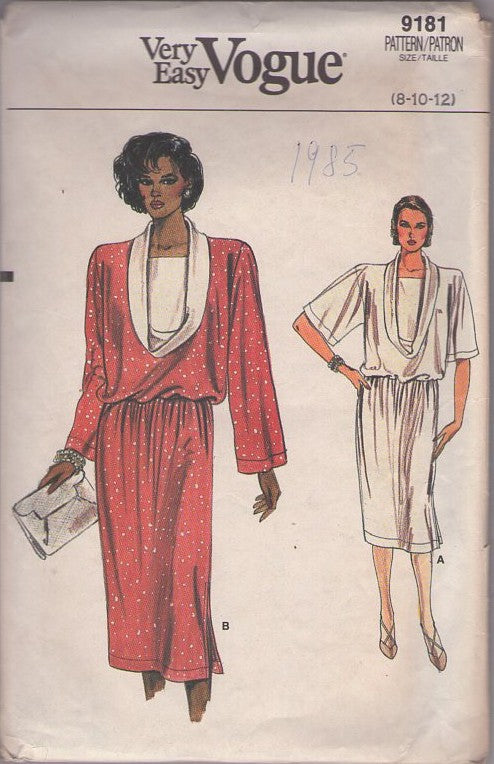 Vogue 9181 Vintage 80's Sewing Pattern Secretary Dress, Very Easy, Blouson, Draped Cowl Neck, Detachable Dickey, Office Party Dress Size 8-12