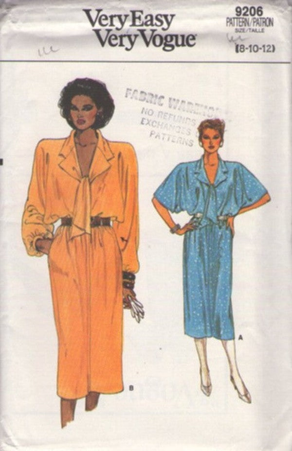 Vogue 9206 Vintage 80's Sewing Pattern Batwing Dress, Very Easy, Angel Flutter Sleeves, Secretary Dress, 2 Styles, Blouson Size 8-12 UNCUT