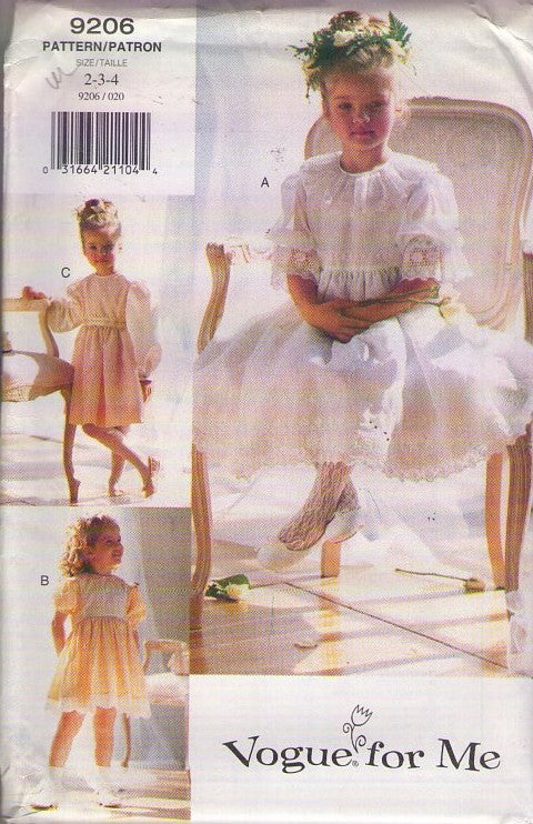 Vogue 9206 Retro 90's Sewing Pattern Girl's Dress Set, Vogue For Me Flower Girl, Party Formal, 3 Styles Size 2-4