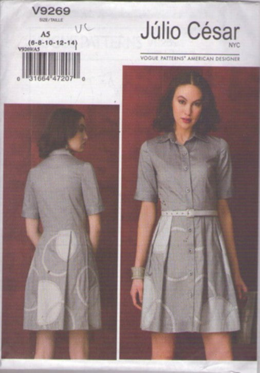 Vogue 9269 Retro 2017 Sewing Pattern Secretary Dress, American Designer Julio Cesar, Front Buttoned Shirt Dress, Shirtdress Size 6-14