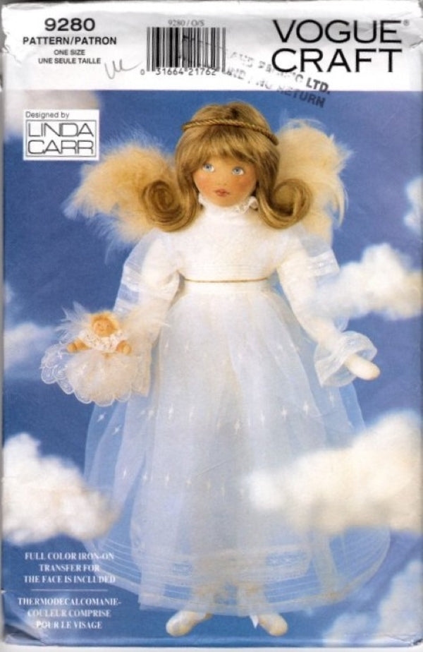 Vogue 9280 Retro 90's Sewing Pattern Stuffed Angel Doll, Wings, Designs by Linda Carr, Holiday Christmas Doll, Transfer OZ