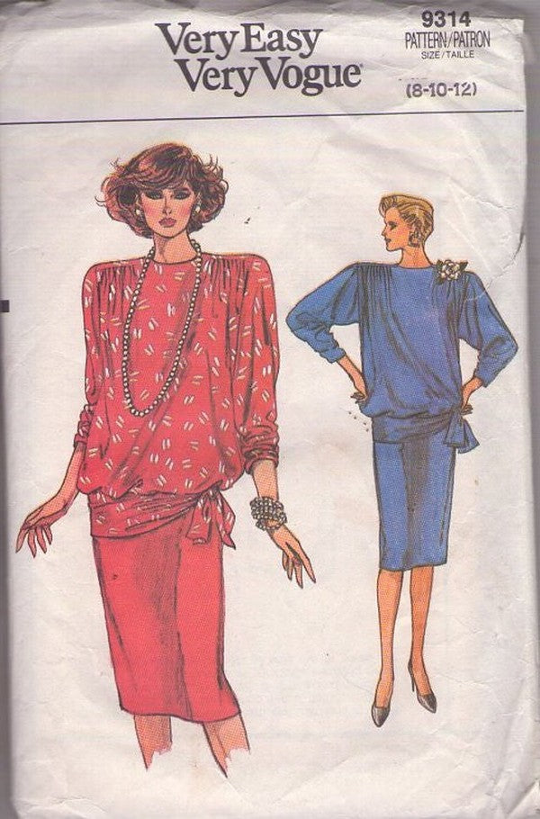 Vogue 9314 Vintage 80's Sewing Pattern 2 Piece Dress, Very Easy, Art Deco Flapper Look, Drop Blouson Waist Party Dress, Slim Skirt, Hip Swag Size 8-10