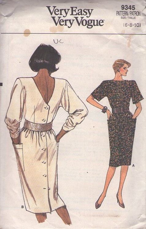 Vogue 9345 Vintage 80's Sewing Pattern Very Easy Dipped V Back Buttons Slim Sheath Secretary Dress, Pockets Size 6-10