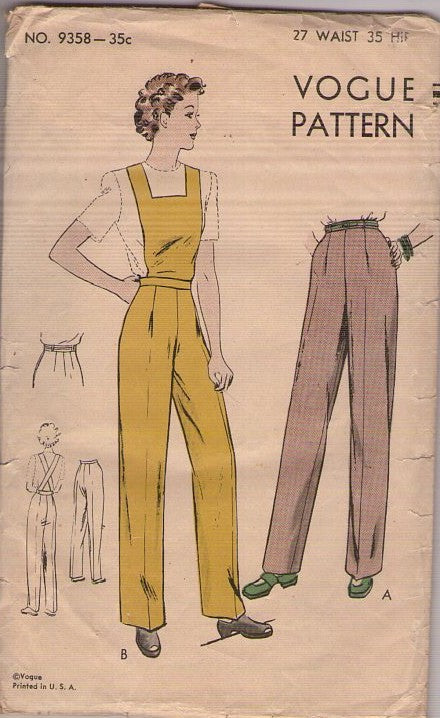 Vogue 9358 Vintage 40's Sewing Pattern RARE SLACKS, Trousers, Bib Slacks, Pants, Side Zipper Waist 27" Size L