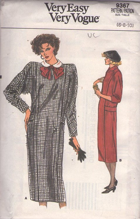 Vogue 9367 Vintage 80's Sewing Pattern Sack Dress, Molly Ringwald Look Very Easy Straight Cut Back Martingale Belt Boxy Sack Office Party Dress Size 6-10