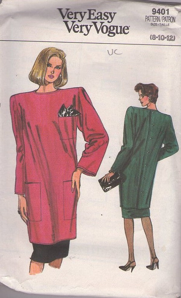 Vogue 8401 Vintage 80's Sewing Pattern Boxy Tunic Dress, Sheath Skirt, 2 Piece Party Dress, Back Buttons, Very Easy Size 8-12