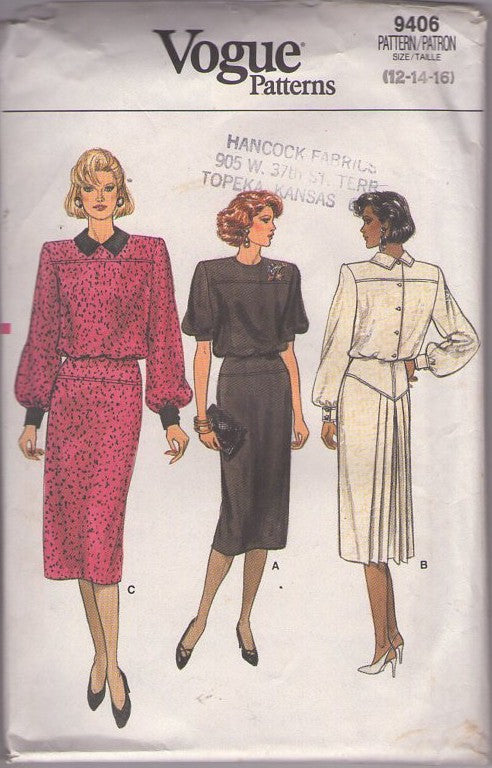 Vogue 9406 Vintage 80's Sewing Pattern Secretary Dress, Blouson, Back Buttons REAR INTEREST, Bustled Pleats Size 12-14