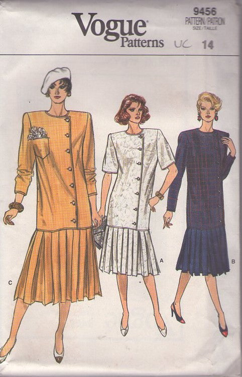 Vogue 9456 Vintage 80's Sewing Pattern Great Gatsby Dress, Flapper Style, Drop Waist, Pleated Low Skirt Career Dress, Side Button Bodice Size 14