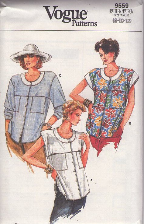 Vogue 9559 Vintage 80's Sewing Pattern Set of Tops, Scoop Band Neckline Button Front Oversized Side Shaped Blouse, Shirt Set 3 Styles Size 8-10