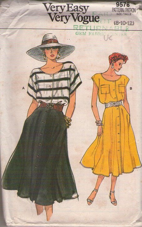 Vogue 9578 Vintage 80's Sewing Pattern Button Up Top & Skirt, Very Easy, 2 Piece Dress Look Size 8-12