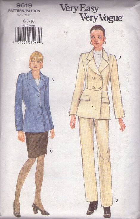 Vogue 9619 Vintage 90's Sewing Pattern Career Suit Separates, Peplum Blazer Jacket Top, Sheath Skirt, Slacks Size 6-10