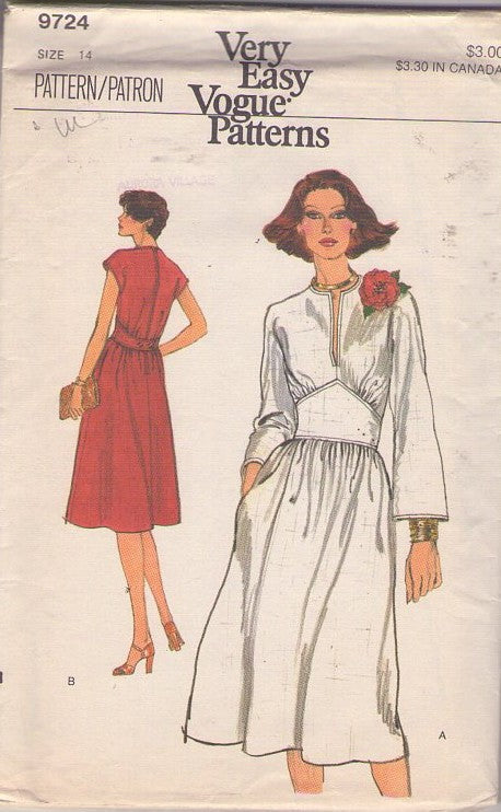 Vogue 9724 Vintage 70's Sewing Pattern Secretary Dress, Slash Neck, Wide Shaped Button Back Midriff Dress Size 14