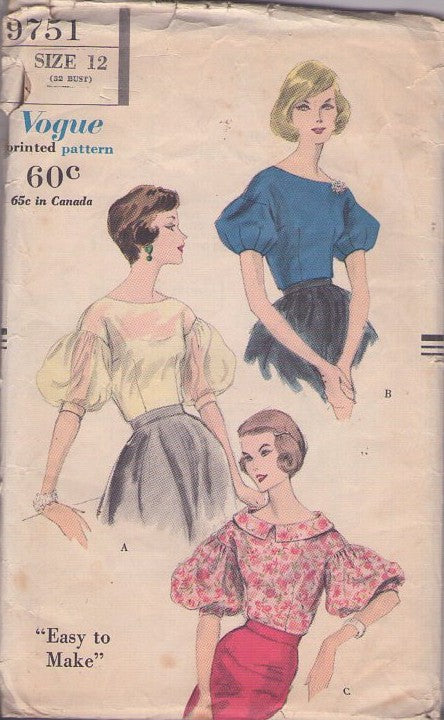 Vogue 9751 Vintage 50's Sewing Pattern Puff Sleeve Blouse, Dropped Shoulder, BIG Puffy Sleeves, Easy to Make Party Tops 3 Style Size 12