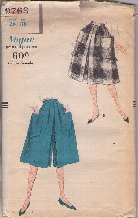 Vogue 9763 Vintage 50's Sewing Pattern Rockabilly Skirts, Culottes, Housewife Split Skirt, Wide Leg Modest Culottes, LARGE Pockets 2 Styles Waist 26", Size M