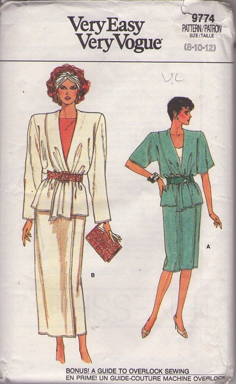 Vogue 9774 Vintage 80's Sewing Pattern 2 Piece Dress, Very Easy, Draped Front, Wrap Around Jacket Top, Mod Wrap Skirt, 2 Piece Suit Dress Size 8-12