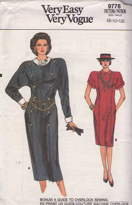 Vogue 9776 Vintage 80's Sewing Pattern Very Easy Dress, Button Trim Batwing Career Dress Size 8-12