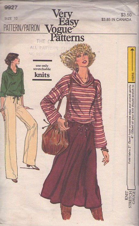 Vogue 9927 Vintage 80's Sewing Pattern Very Easy Separates, Stretch Knits Disco Era Cowl Neck Blouson Top, Shirt, Flared Skirt, Slacks Size 10