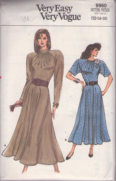 Vogue 9960 Vintage 80's Sewing Pattern Flared Dress Set, Very Easy Raglan Sleeve, Gathered Neckline, Sweeping Skirt Dresses, 2 Styles Size 12-16