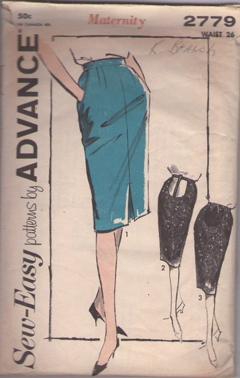 Advance 2779 Vintage 60's Sewing Pattern Sew Easy Skirts, Mother To Be Kangaroo Pouch or Regular Skirt Waist 26 Size M