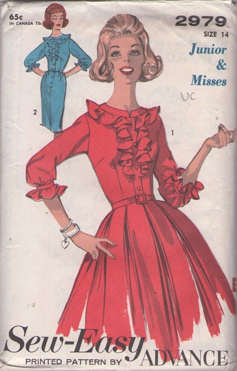 Advance 2979 Vintage 60's Sewing Pattern Rockabilly Dress, Petticoat Junction Full Gored Pleats Ruffle Trim Shirtwaist Dress, Optional Sheath Size 14