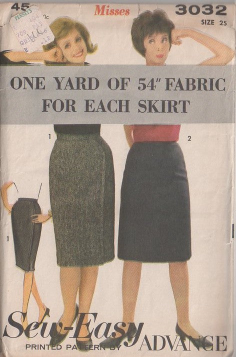Advance 3032 Vintage 60's Sewing Pattern Easy Skirts, Mad Men 1 One Yard Wiggle Skirt, Gored or Sheath, Askew Back Zipper Waist 25