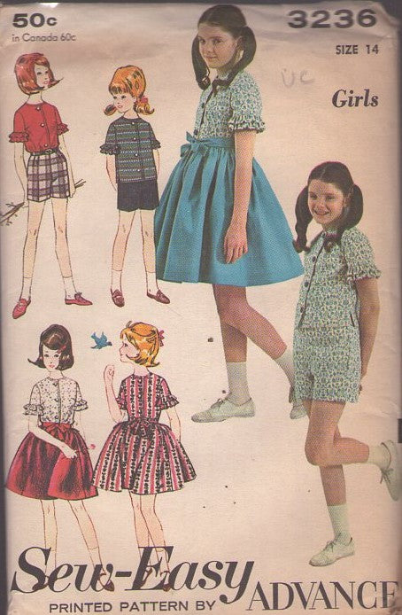 Advance 3236 Vintage 60's Sewing Pattern Teen Girls' Separates, Summer Wardrobe, Ruffle Flounce Sleeve Blouse, Shorts, Full Bell Shaped Gathered Skirt Size 14