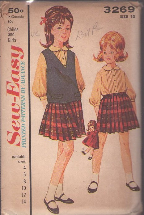 Advance 3269 Vintage 60's Sewing Pattern Girls' Separates, School Uniform Style Pleated Kilt Skirt, Pin Tucks Blouse, Shirt & Jerkin Vest Top Size 10