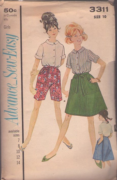 Advance 3311 Vintage 60's Sewing Pattern Girls' Blouse, Walking Shorts, Wrap Around Skirt Coordinates Size 10