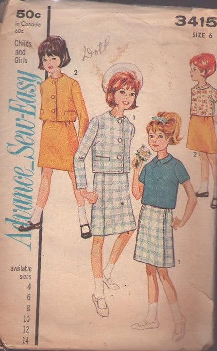 Advance 3415 Vintage 60's Sewing Pattern Girls' Tops, Blouse, A-Line or Flat Panel Skirt & Suit Jacket Size 6