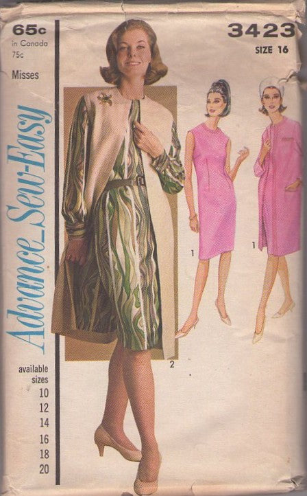 Advance 3423 Vintage 60's Sewing Pattern Dress, Coat, Sew Easy Ensemble, Sheath Dress, Sleeveless or Long Sleeve Jacket Coat Set Size 16