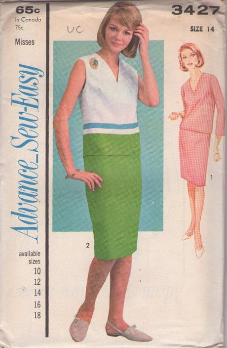 Advance 3427 Vintage 60's Sewing Pattern Sew Easy Dress Set, 2 Piece Dress, Band Trim V Neck Back Buttons Blouse, Top, Sheath Pencil Skirt Size 14