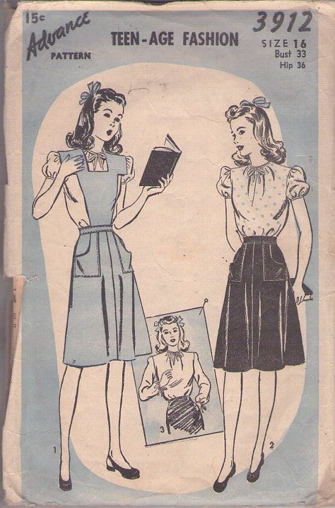 Advance 3912 Vintage 40's Sewing Pattern Swing Jumper, Blouse, Separates, Puff or Long Sleeve Top, Flared Skirt, Bib Jumper Dress with Pockets Size 16