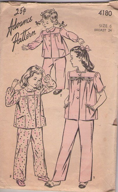 Advance 4180 Vintage 40's Sewing Pattern Girls' Pajamas, Modest Summer or Winter PJs, Buttoned Blouse Top, Yoked Pants Size 6