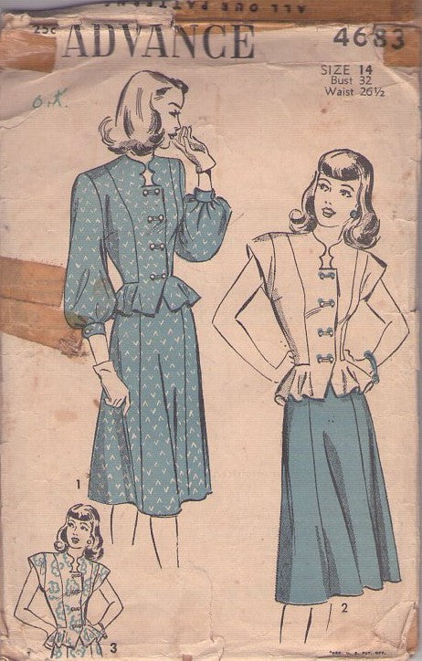 Advance 4683 Vintage 40's Sewing Pattern Suit Dress, New Look, Shaped Neckline Jacket Like Blouse, Peplum, Panel Flared Skirt Size 14