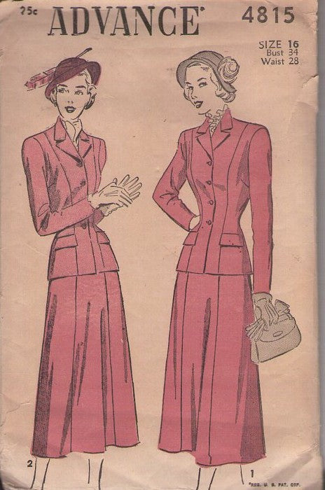 Advance 4815 Vintage 40's Sewing Pattern Suit Dress, Over the Hips Blazer Jacket Top, Panel Skirt Size 16