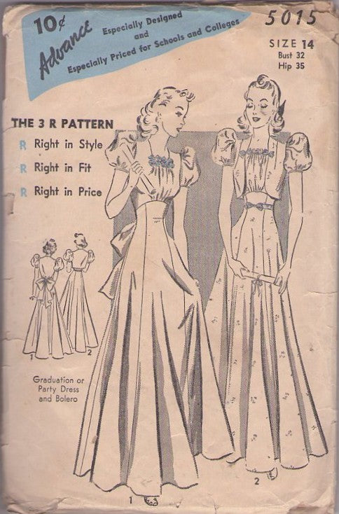 Advance 5015 Vintage 30's Sewing Pattern Evening Gown, Graduation Dress, Dinner Party Evening Gown, Sleeveless Bolero Jacket Size 14