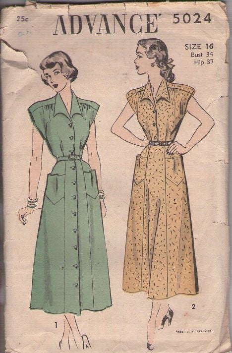 Advance 5024 Vintage 40's Sewing Pattern Day Dress, Shirtwaist or Fully Front Buttoned, Cap Sleeve, Dress 2 Styles Size 16
