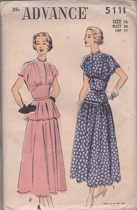 Advance 5111 Vintage 40's Sewing Pattern Dress Set, New Look, Blouson Bodice, Cinched Midriff, Peplum or Tiered Midi Tea Length Skirt, 2 Styles Size 16