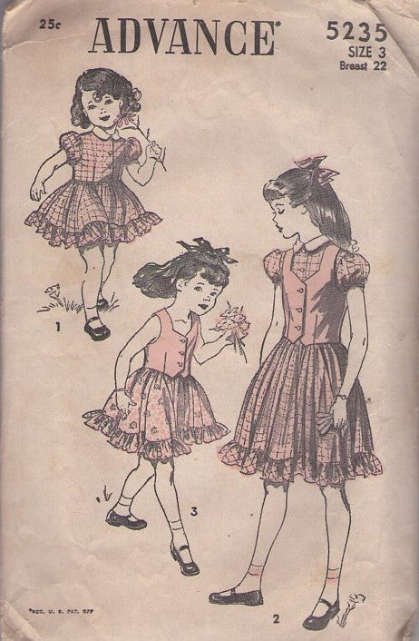 Advance 5235 Vintage 40's Sewing Pattern Girls' Dress Set, Puff Sleeve Ruffled Hem Shirtwaist Dress, Weskit Vest Top, Suspender Skirt Size 3