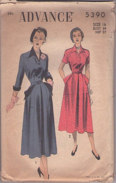 Advance 5390 Vintage 50's Sewing Pattern Dress Set, New Look, Lucy Styles, Large Flap Pockets, Shirtwaist Day Dress, 2 Styles Size 16