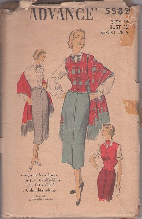 Advance 5582 Vintage 50's Sewing Pattern Hollywood Starlet Separates, Designer Jean Louis for Joan Caulfield Slim Pencil Skirt, Tuxedo Pleated Blouse, Vest & Fringe Stole Size 14