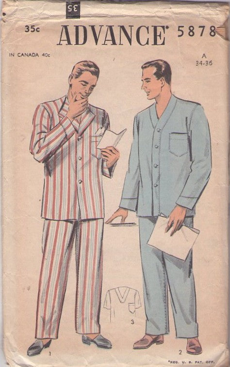 Advance 5878 Vintage 50's Sewing Pattern Hugh Hefner Pajamas, Millionaire's Club Lounging Pajamas, Sleep Coat Top & Trousers Size M